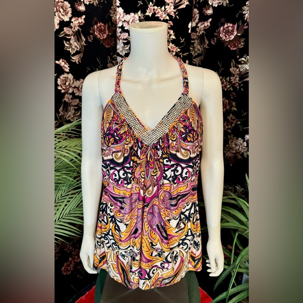 INC Pink Orange Paisley Print Rhinestone VNeck Braided Racerback Top Size XL